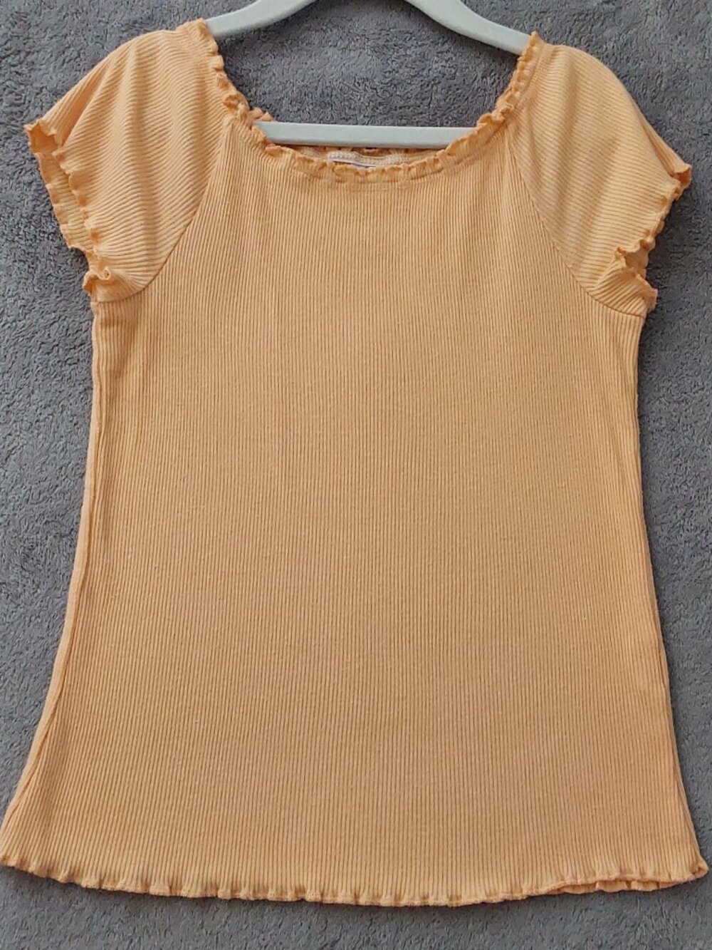 FabKids Girls Vintage Ribbed Lettuce Hem Orange Peach Top S 6/7 Y2K Stretch Tee